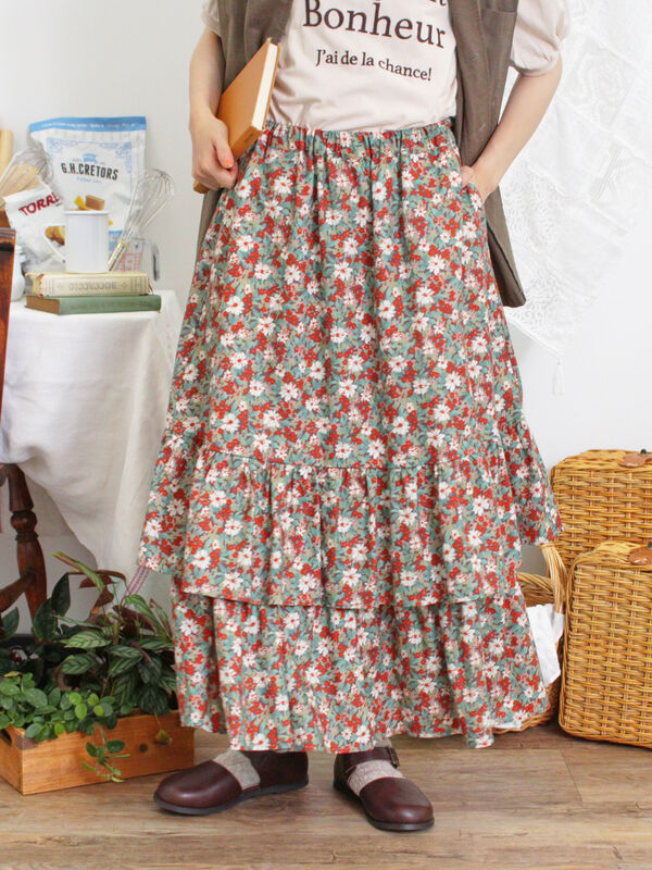 セール】 柄アソート裾重ねスカート（ベージュ/オレンジ/ボトムス