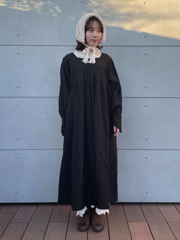 立川店/EC限定】リネンハンドカバーギャザーワンピース（ブラック