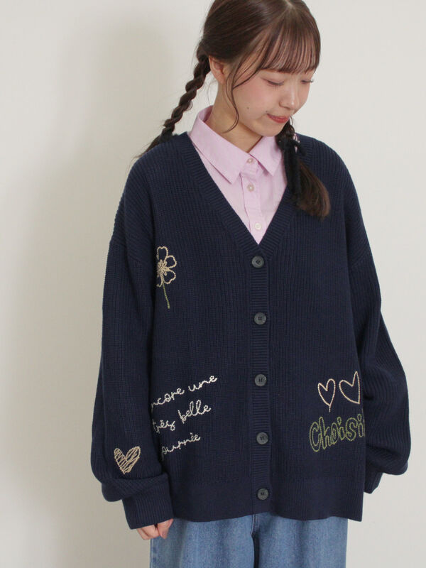 セール】 ハンド刺繍風ニットカーディガン（グレー/ネイビー/クリーム