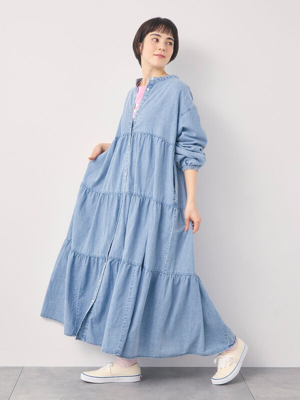 オーガニックコットン】デニムティアードワンピース（サックスブルー