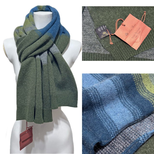 ロロピアーナ メンズ カシミア ニットマフラー カーキ×青緑 Loro Piana