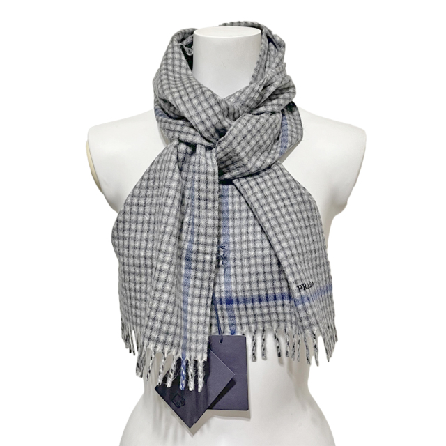 プラダ メンズ カシミア100％ フリンジマフラー グレー チェック柄 PRADA