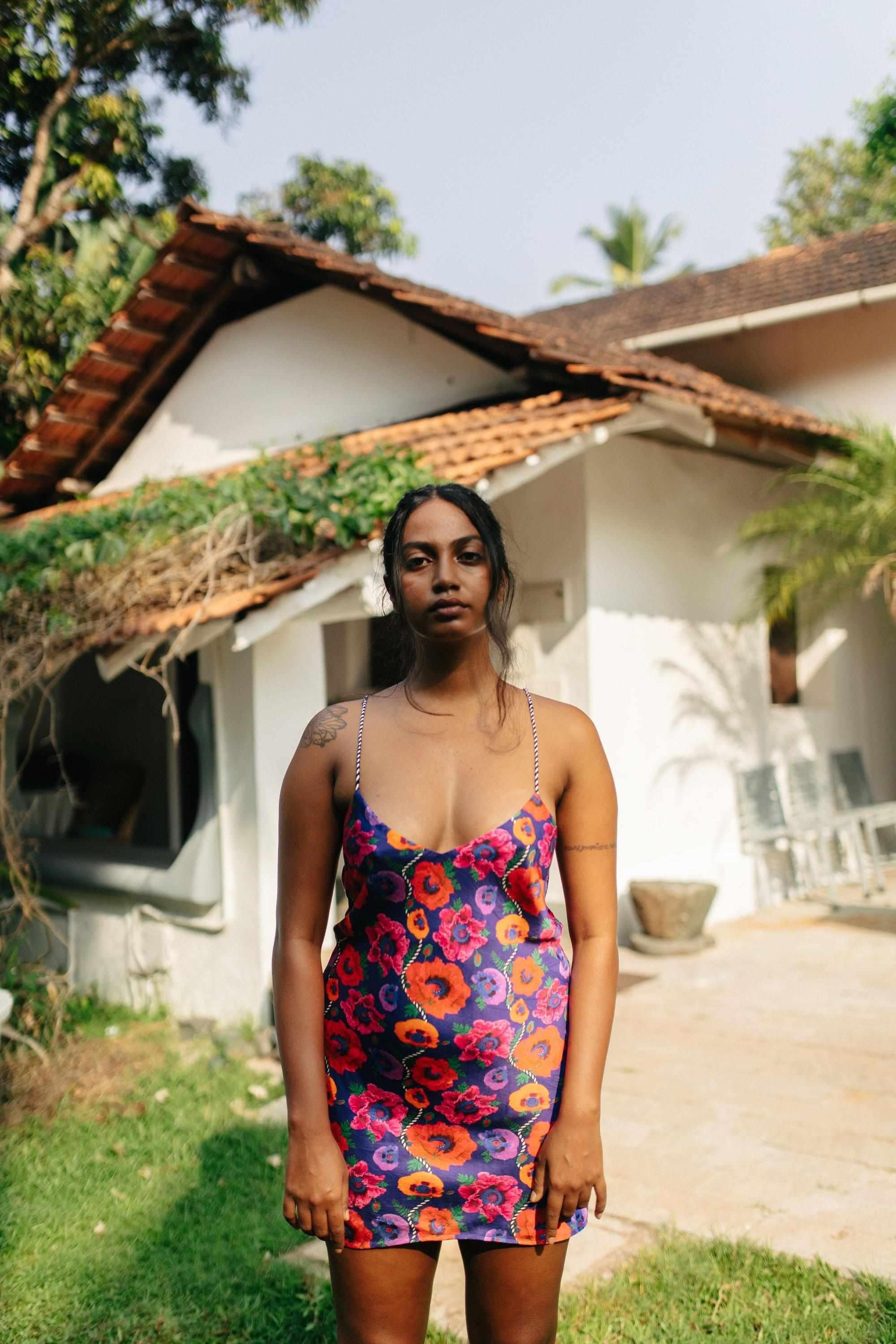 Oriental Poppy Short Slip Dress With Adjustable Handcrafted Straps