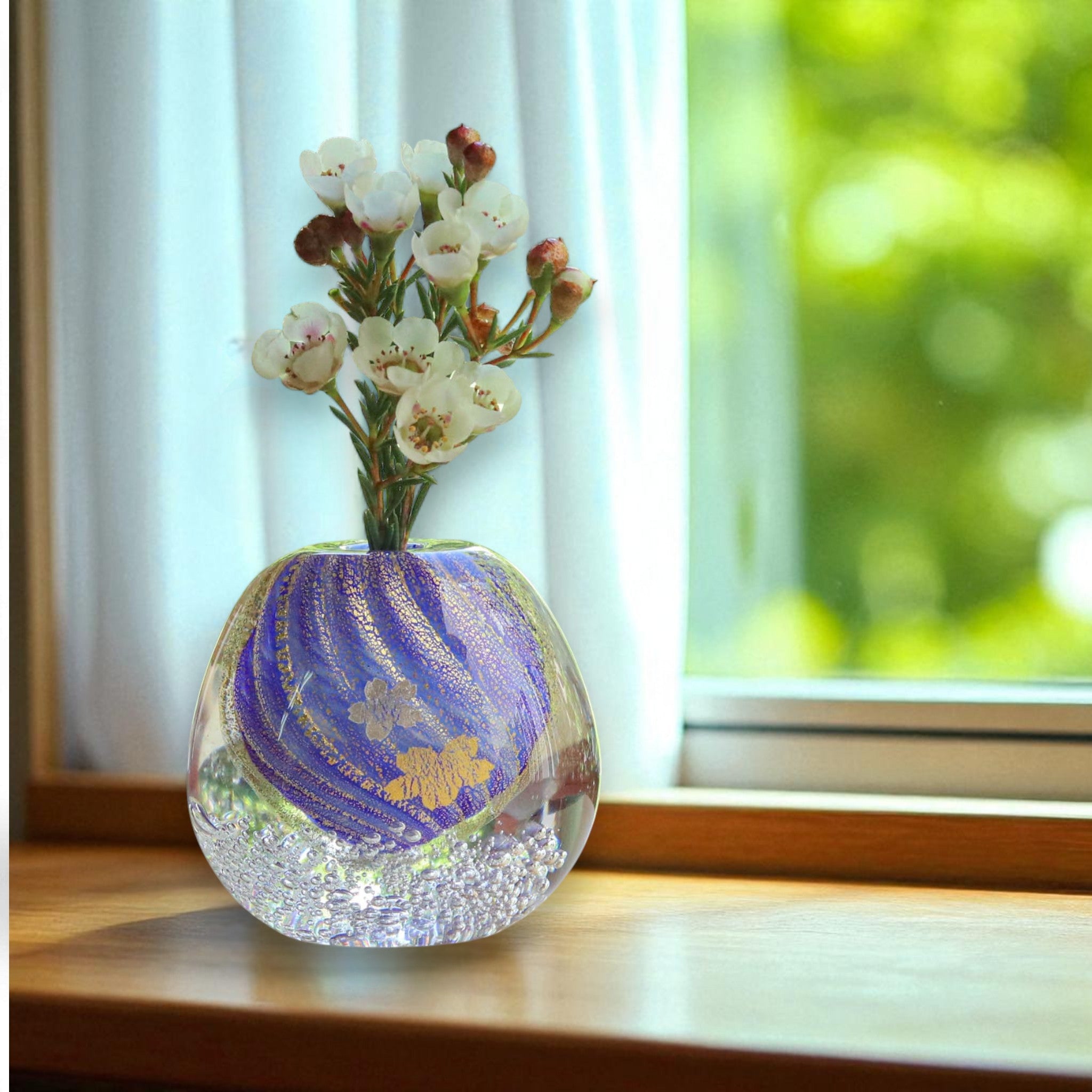 綾ガラス 一輪挿し | 月影の桜 | コバルトブルー | グラスアート黒木