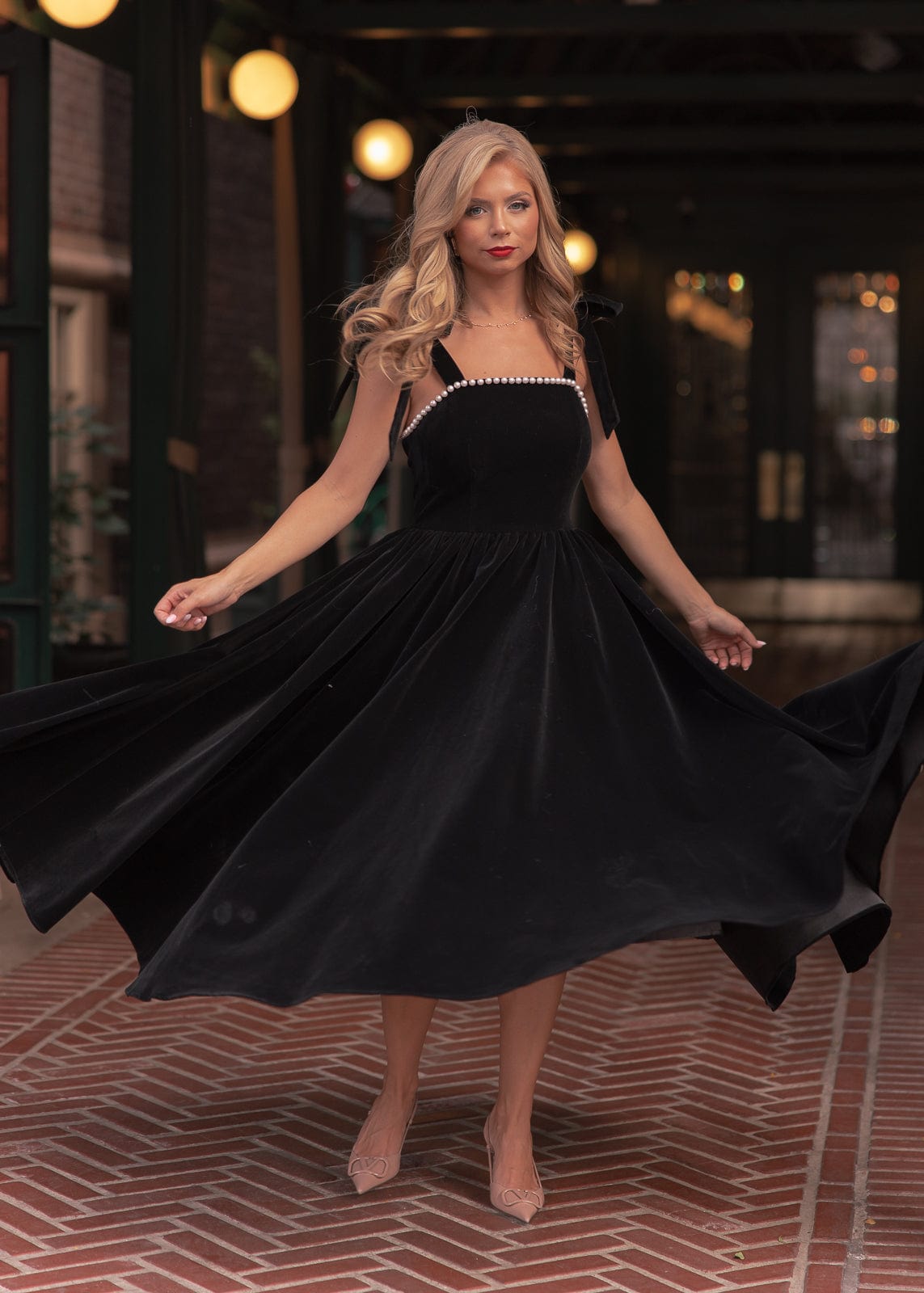 Mary Velvet Pearl Trim Bow Detail Midi Dress - Black | Occasion