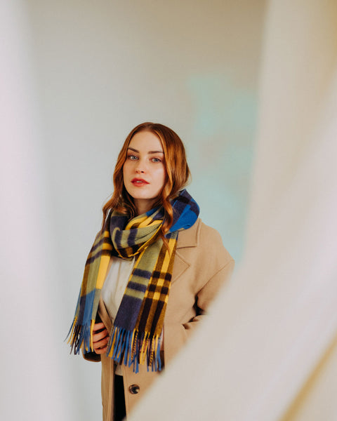 Joshua Ellis | Cashmere Scarf Yellow X Blue | Made In England, UK