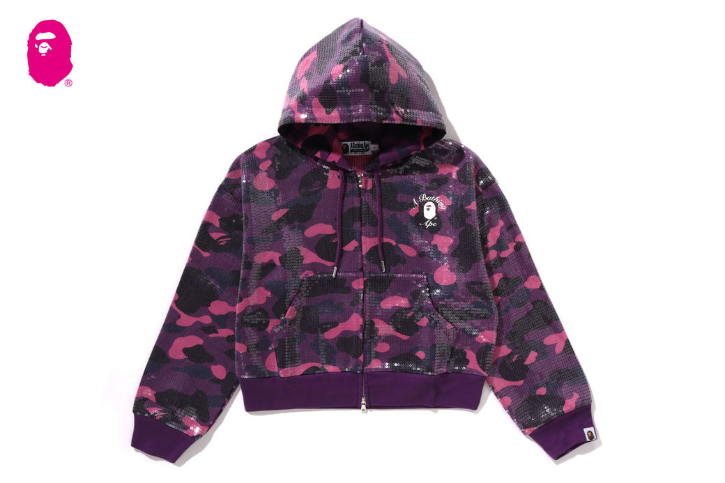COLOR CAMO APE HEAD SEQUIN CROPPED FULL ZIP HOOOIE | bape.com