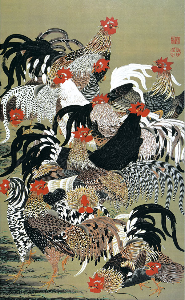 名画複製画掛け軸 群鶏図 伊藤若冲 – 寿鳳人形の東芸