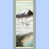 横山大観《緑雨》名画複製画掛け軸 ― 雨に濡れる楓と二羽の雀 – 寿鳳