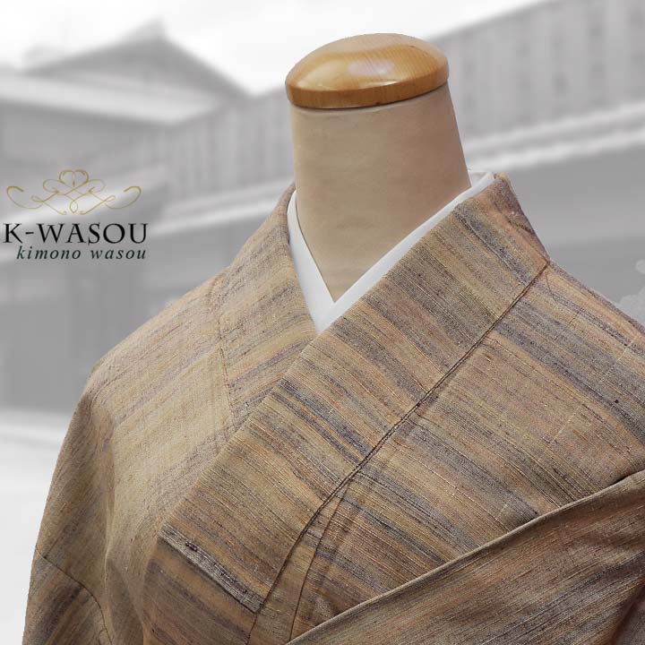 真綿紬 つむぎ 横段縞絣 金茶色 リサイクル真綿紬袷リサイクル真綿紬袷