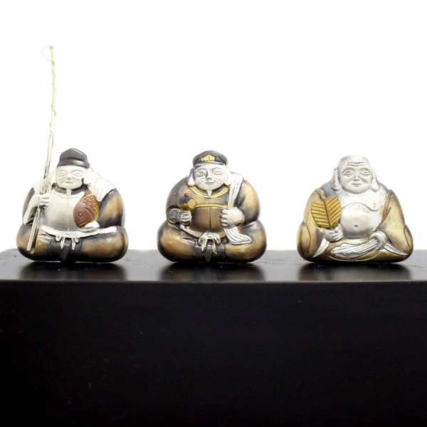 武比古作 純銀製 七福神 シルバー 縁起物 置物 ガラスケース 立札付き