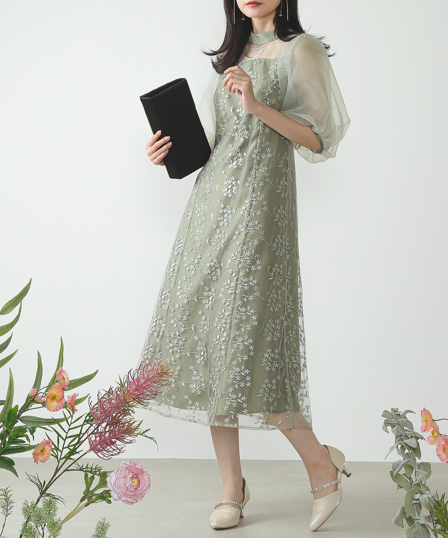 シアー素材 ボリューム袖 レース オケージョン ドレス