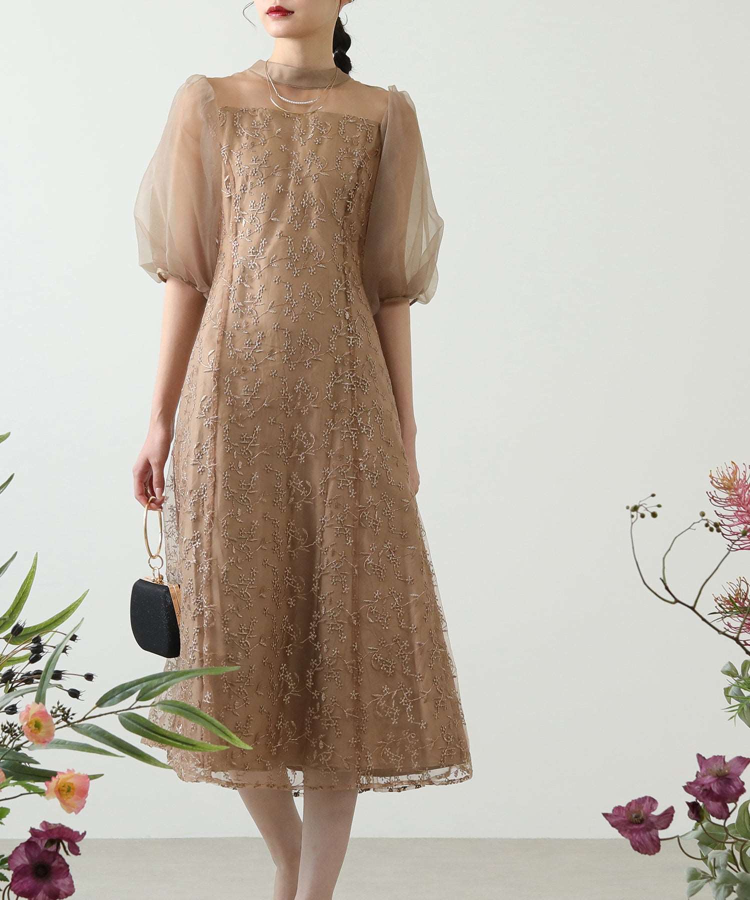 シアー素材 ボリューム袖 レース オケージョン ドレス