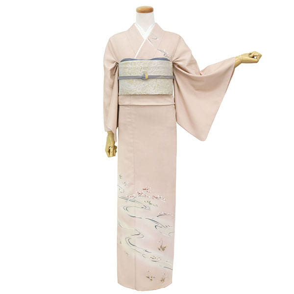 薄ピンクに観世水と花の訪問着（袷）（ポリエステル） | 宅配着物