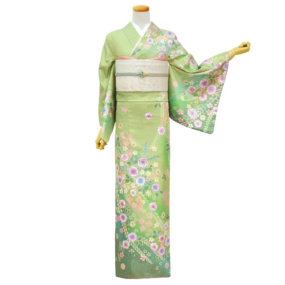緑地に辻が花調の訪問着（袷）（ポリエステル） | 宅配着物レンタルの