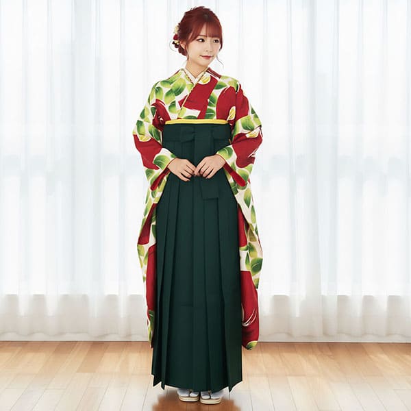 大正ロマンな大輪椿の振袖・緑袴（無地） （振袖）／卒業式 | 宅配着物