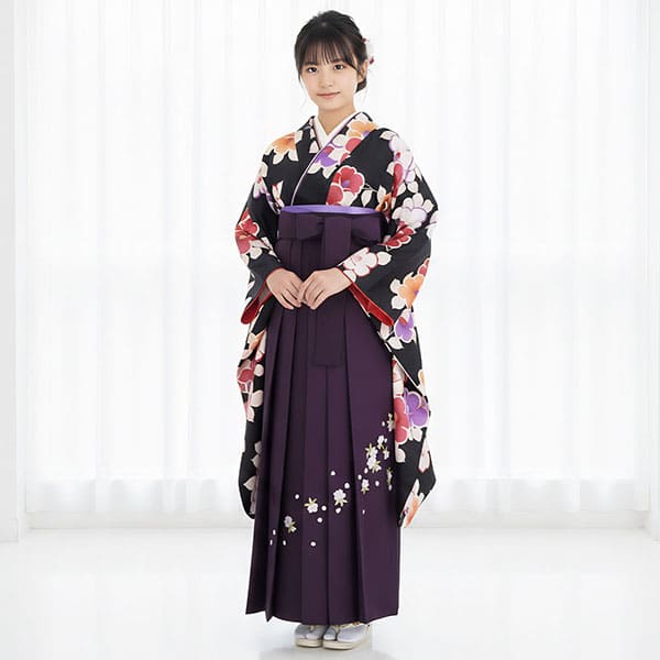 黒地に椿・紫袴（刺繍） （小学生）／卒業式 | 宅配着物レンタルの京都