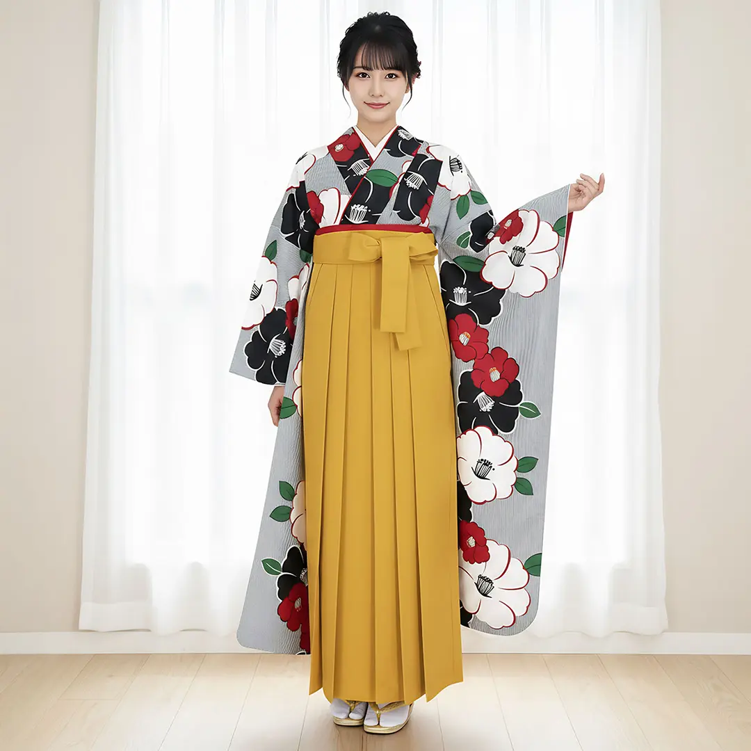 白地に黒の万筋に椿の振袖・マスタード袴（無地） （振袖）／卒業式