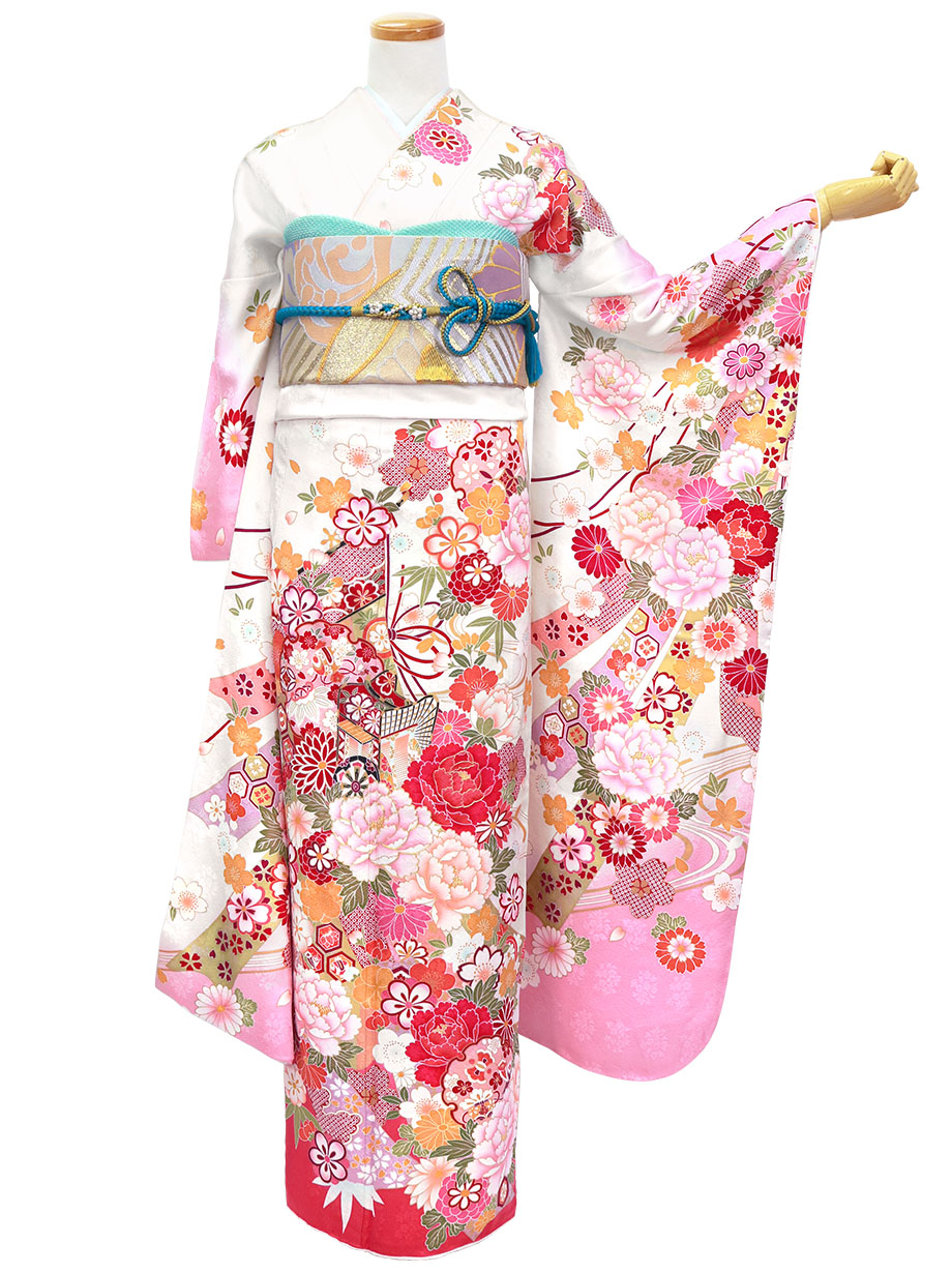 白地にピンクの熨斗の振袖／標準サイズ | 宅配着物レンタルの京都かし