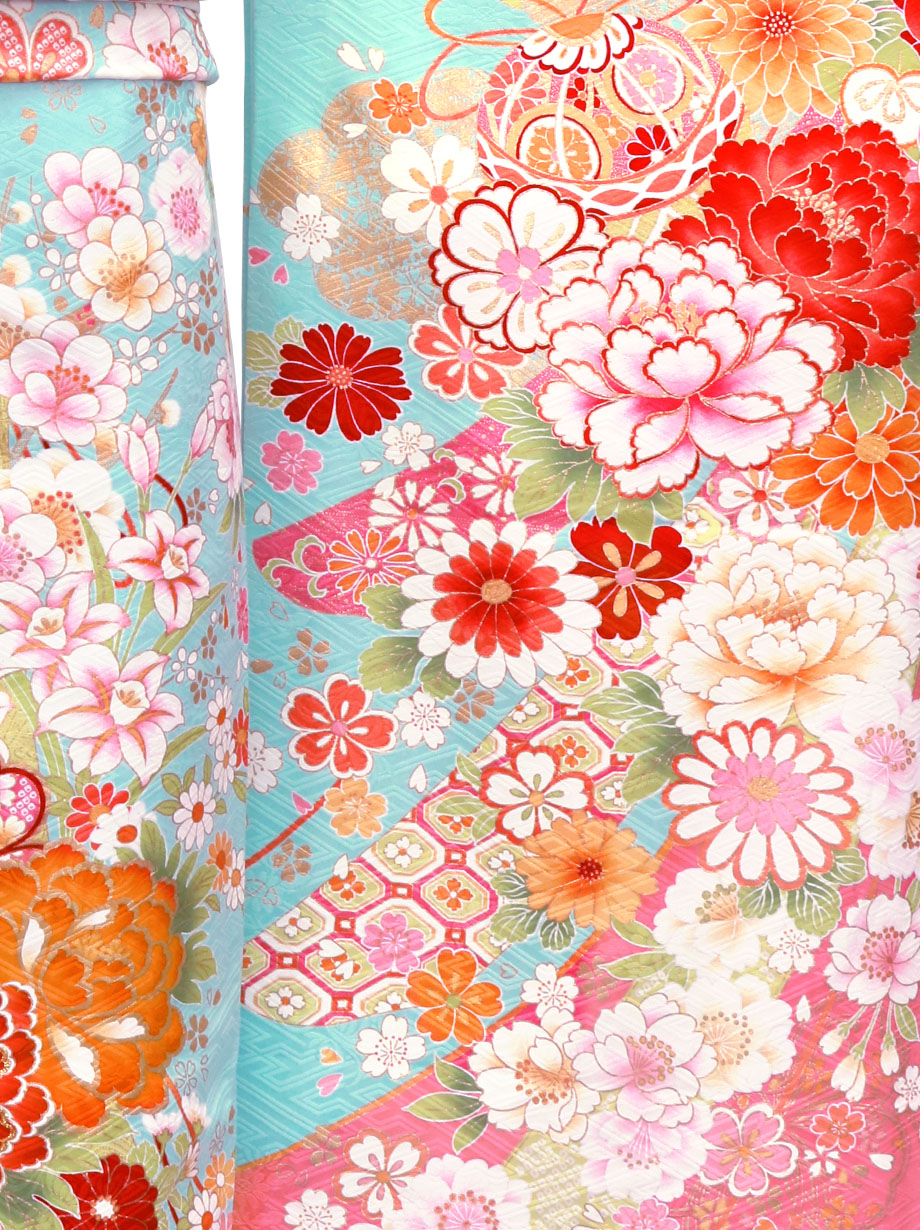 水色地にピンクの熨斗の振袖／標準サイズ | 宅配着物レンタルの京都か