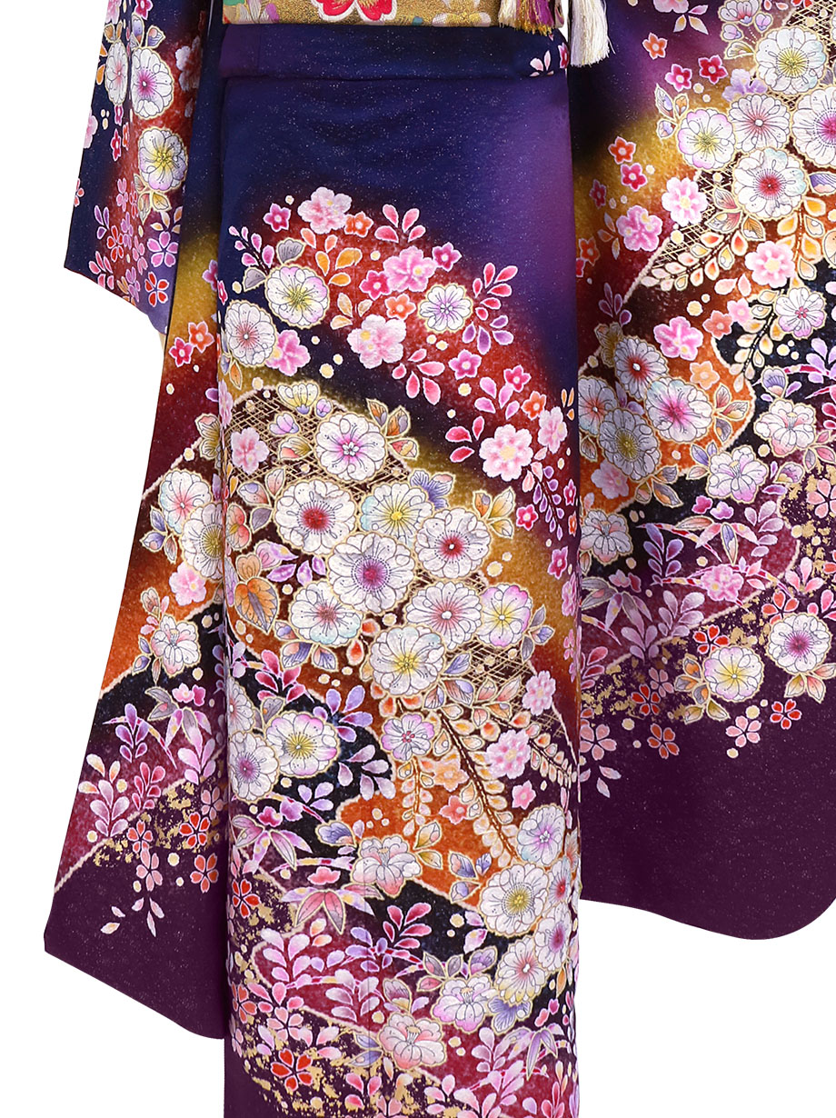 紺と紫地に辻が花調の振袖／Queenサイズ | 宅配着物レンタルの京都かし