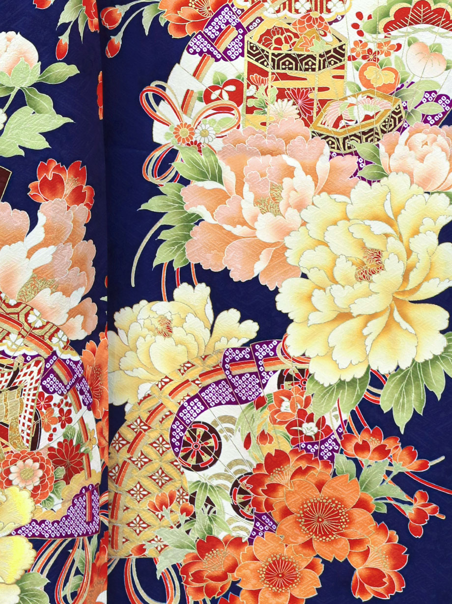 紺桔梗色に牡丹と檜扇文の振袖／トールサイズ | 宅配着物レンタルの