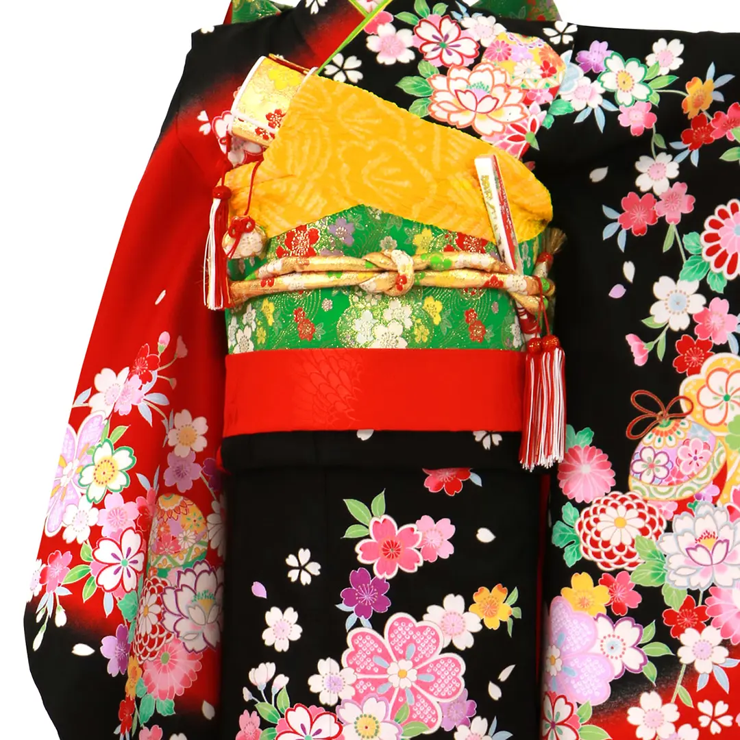赤と黒に桜と鈴の着物／七五三・七歳女の子 | 宅配着物レンタルの京都