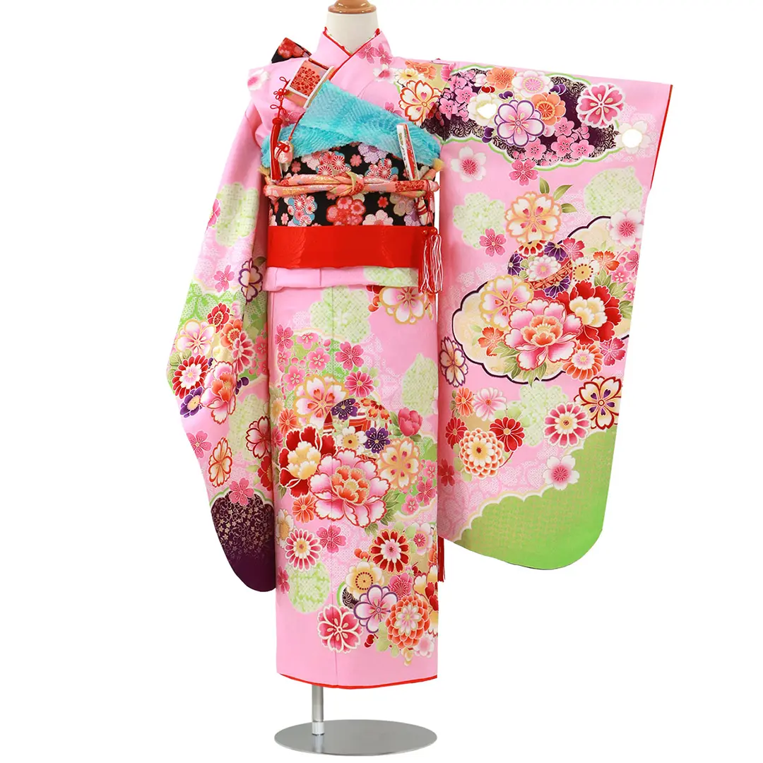 ピンク地に牡丹と雲柄の着物／七五三・七歳女の子 | 宅配着物レンタル