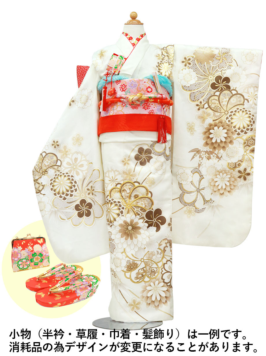 白地に金箔の大輪の菊の着物／七五三・七歳女の子 | 宅配着物レンタル
