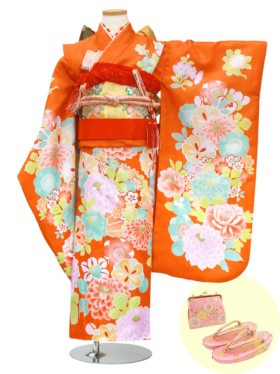オレンジ地に牡丹づくしの着物／七五三・七歳女の子 | 宅配着物