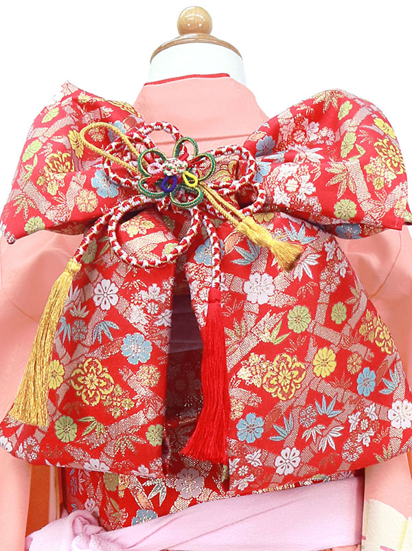 ピンク地に花車と花扇の着物（赤帯にピンク）／七五三・七歳女の子