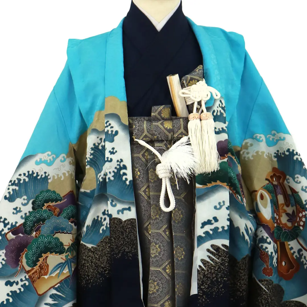 水色地に鷹と富士、藍鼠の袴／七五三・五歳男の子・袴 | 宅配着物