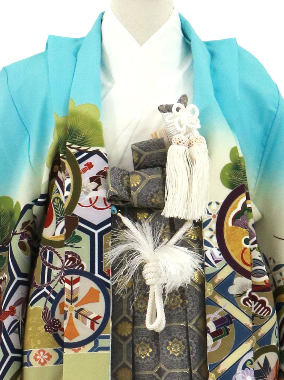 水色地に鷹と吉祥文、藍鼠の袴／七五三・五歳男の子・袴 | 宅配着物