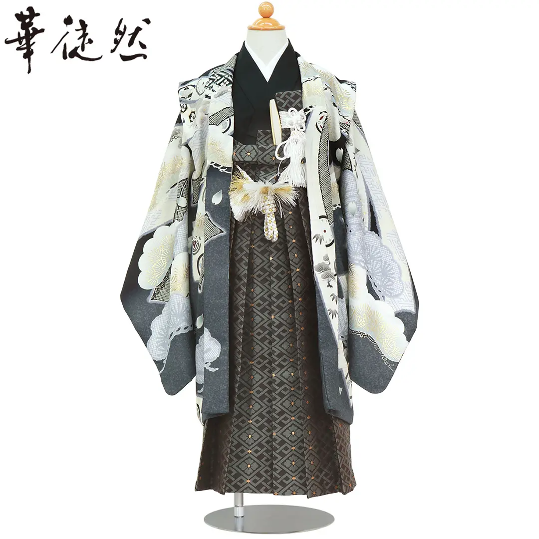 華徒然》黒地に熨斗紋様に二羽の鷹、花菱の袴／小さめサイズ／七五三