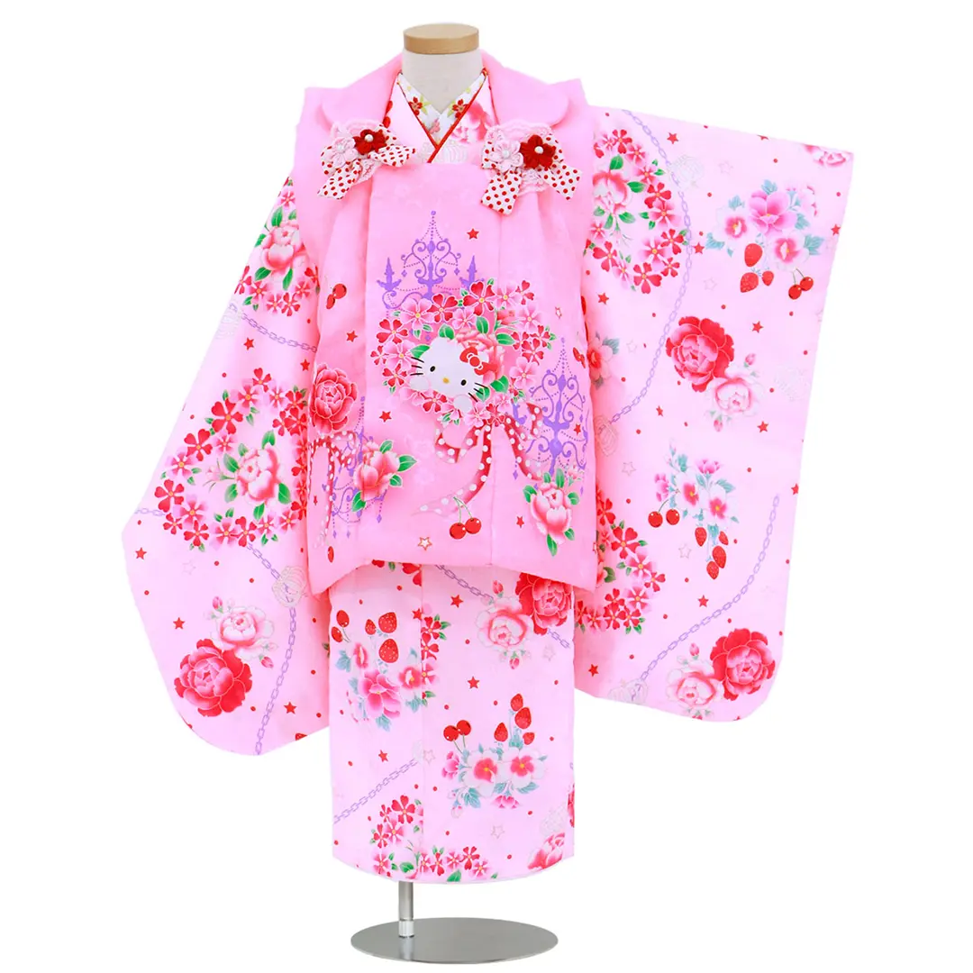 薄ピンク地に花と果物のKITTYの被布コートセット／七五三・三歳女の子