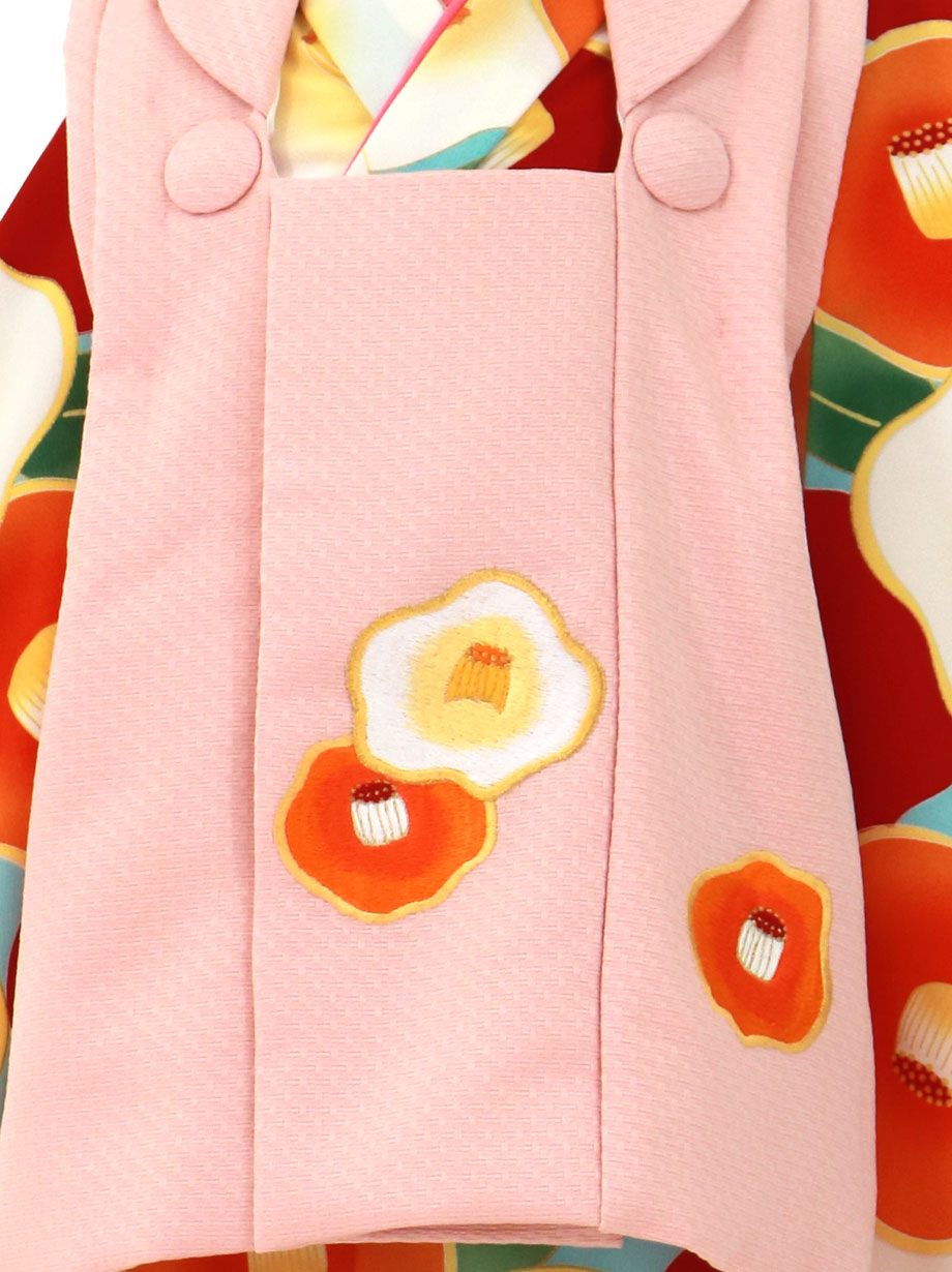 水色地に赤やオレンジの椿、ピンクの被布コートセット／七五三・三歳