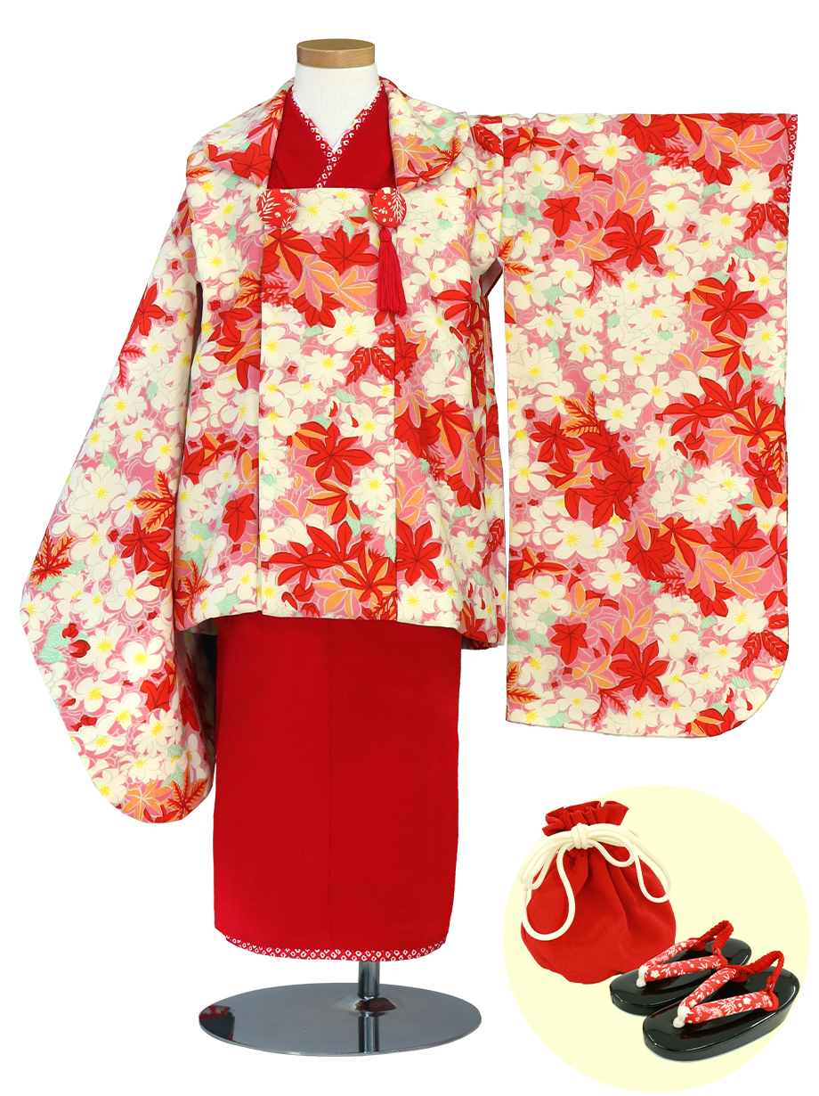はいばら》赤の着物、ピンクに桜や紅葉の被布コートセット／七五三・三