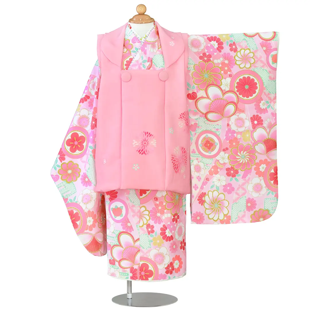 KAGURA》 ピンク地に桜とねじり菊、花紋、ピンクの被布コートセット