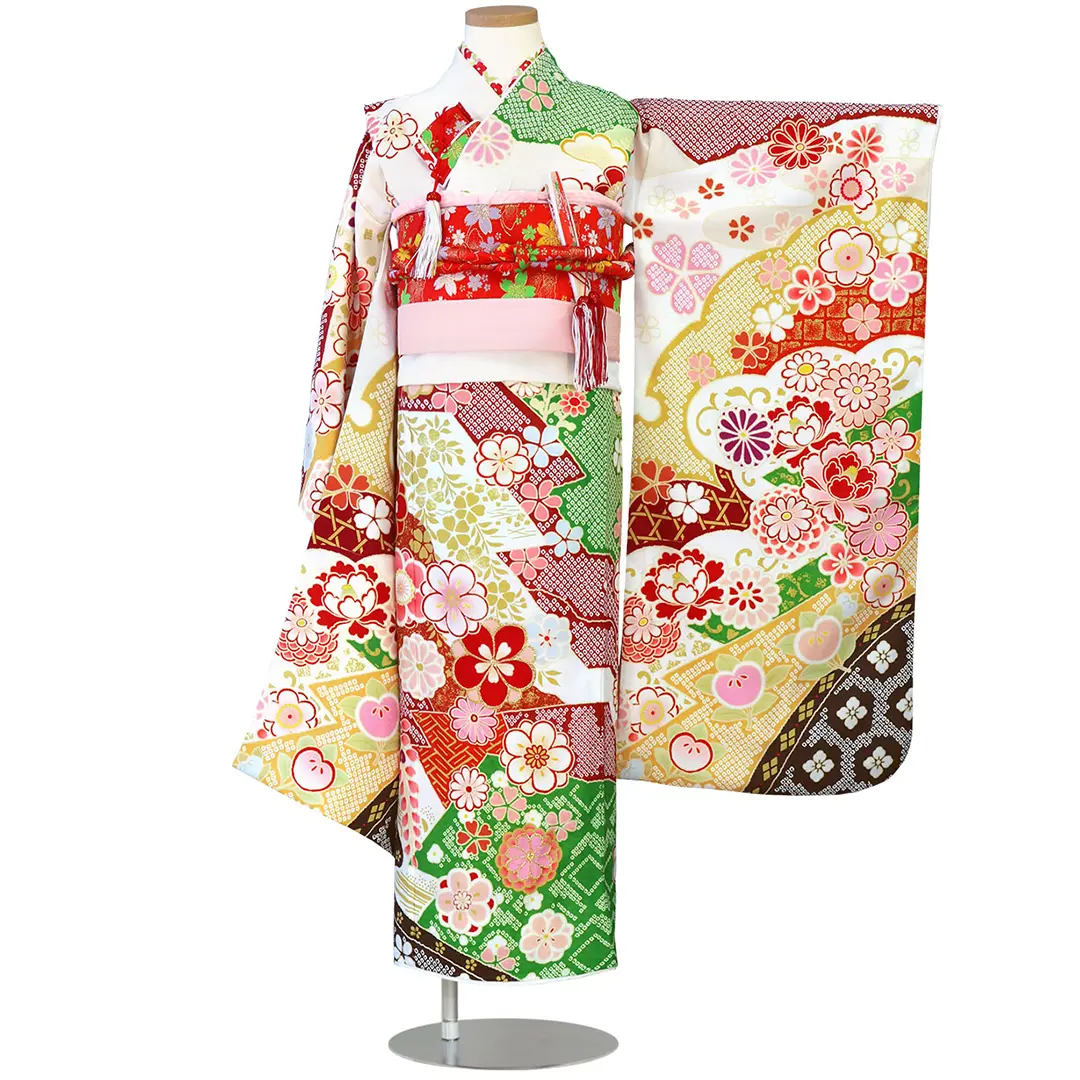 式部浪漫》白と緑の辻が花風の着物／七五三・七歳女の子 | 宅配着物