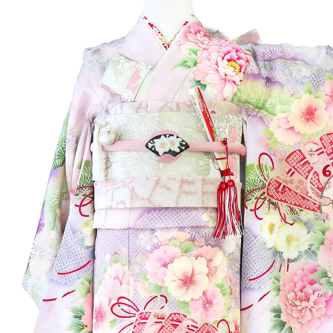 七五三着物レンタル／《華徒然》薄紫地に牡丹と檜扇の着物／七歳女の子