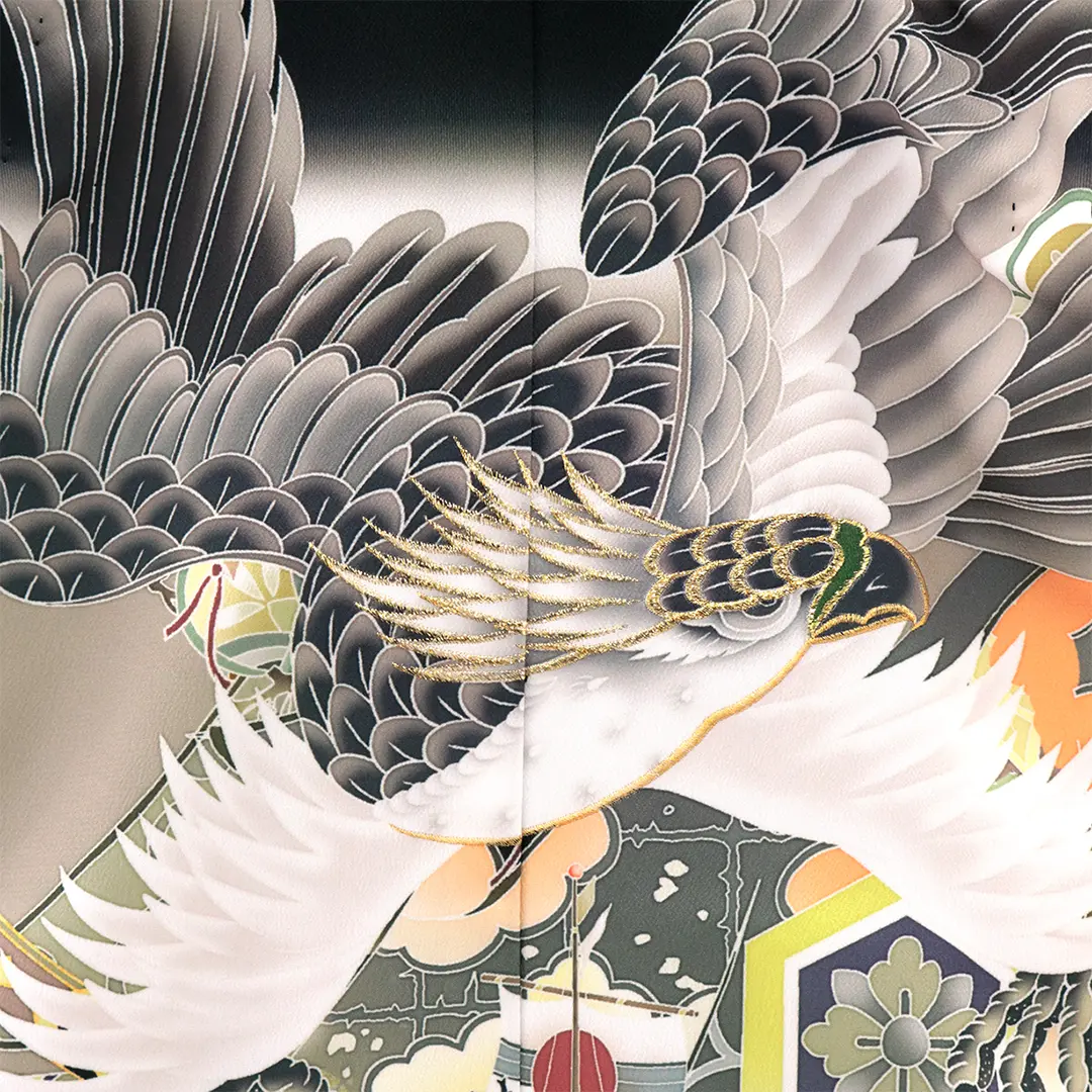 七五三着物レンタル／黒地に鷹と三種の神器、藍鼠の袴／小さめサイズ