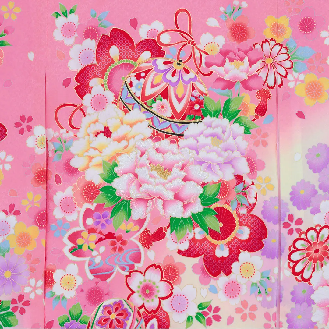 お宮参り ピンク 花柄 産着 女の子のお宮参り産着 祝い着 「ピンク色 花車に扇」 一つ身 一ツ身 初