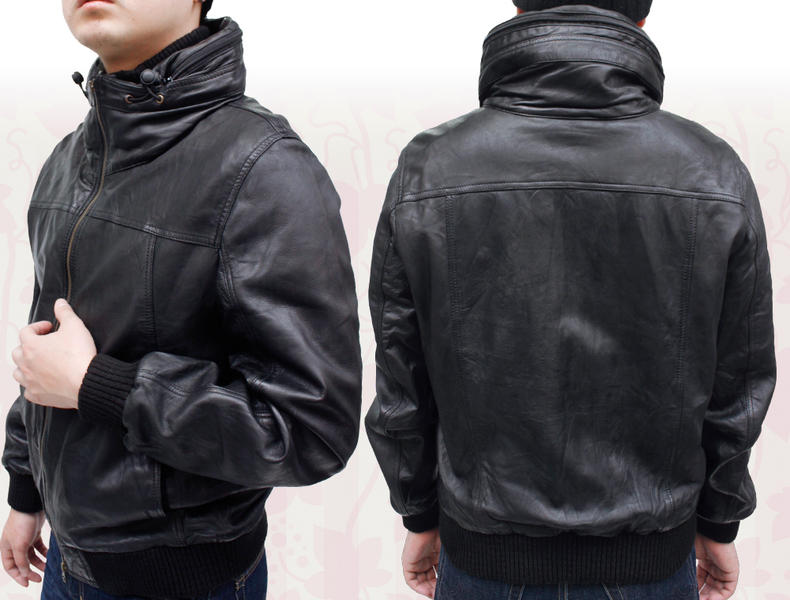 ラム革（ウォッシュ度加工） スタンドカラージャケット フード付き