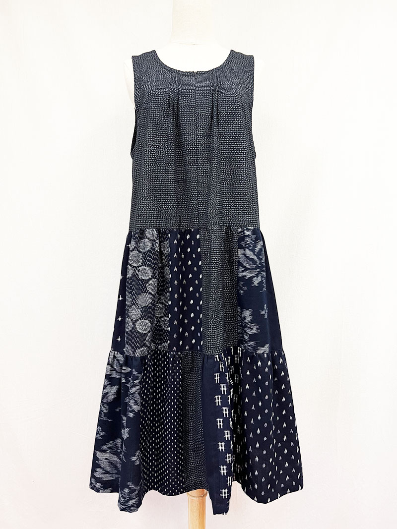 F1095】久留米絣パッチワークジャンパースカート（文人柄/紺系