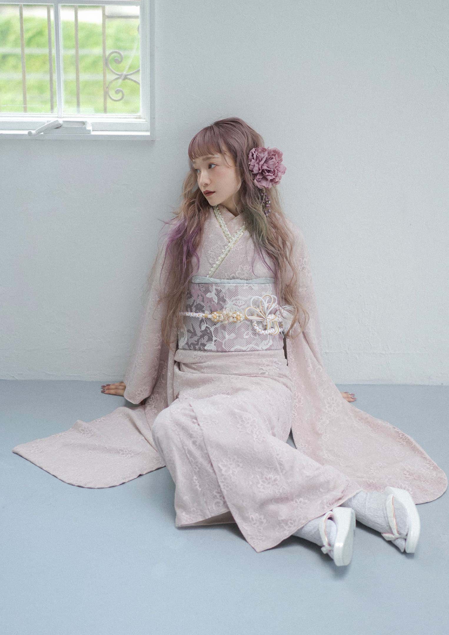 振袖ネットレンタル：くすみピンク】レースがフェミニン/KH-364