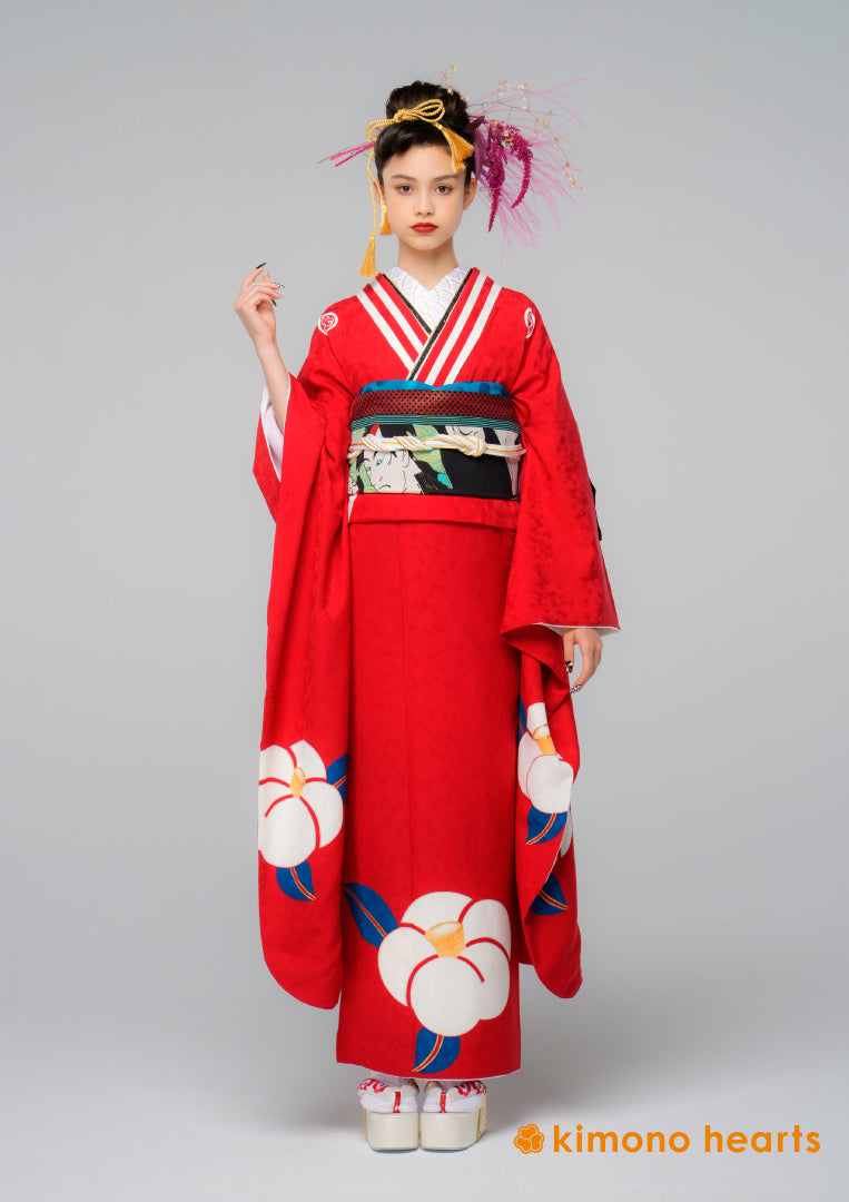 赤色無地振袖キモノハーツキモノマチふりふ好きな方へモダンレトロ