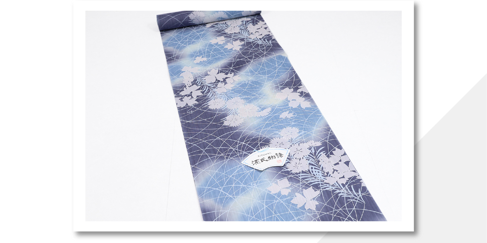 源氏物語 浴衣(ゆかた) 綿麻 注染 秋草 水色×紺 ◇女性にオススメ◇