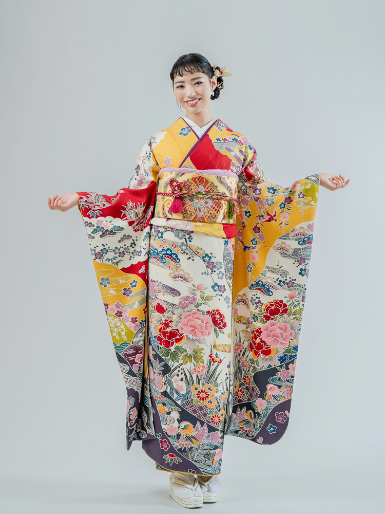 高級振袖レンタル】K-4 紅型 MLサイズ 紅型 赤・黄系｜KIMONO-PRO