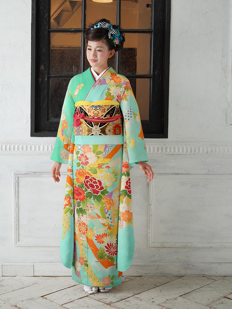 最高級振袖オーダーレンタル・販売】sk-36 四季の花と熨斗 サイズ 【黄