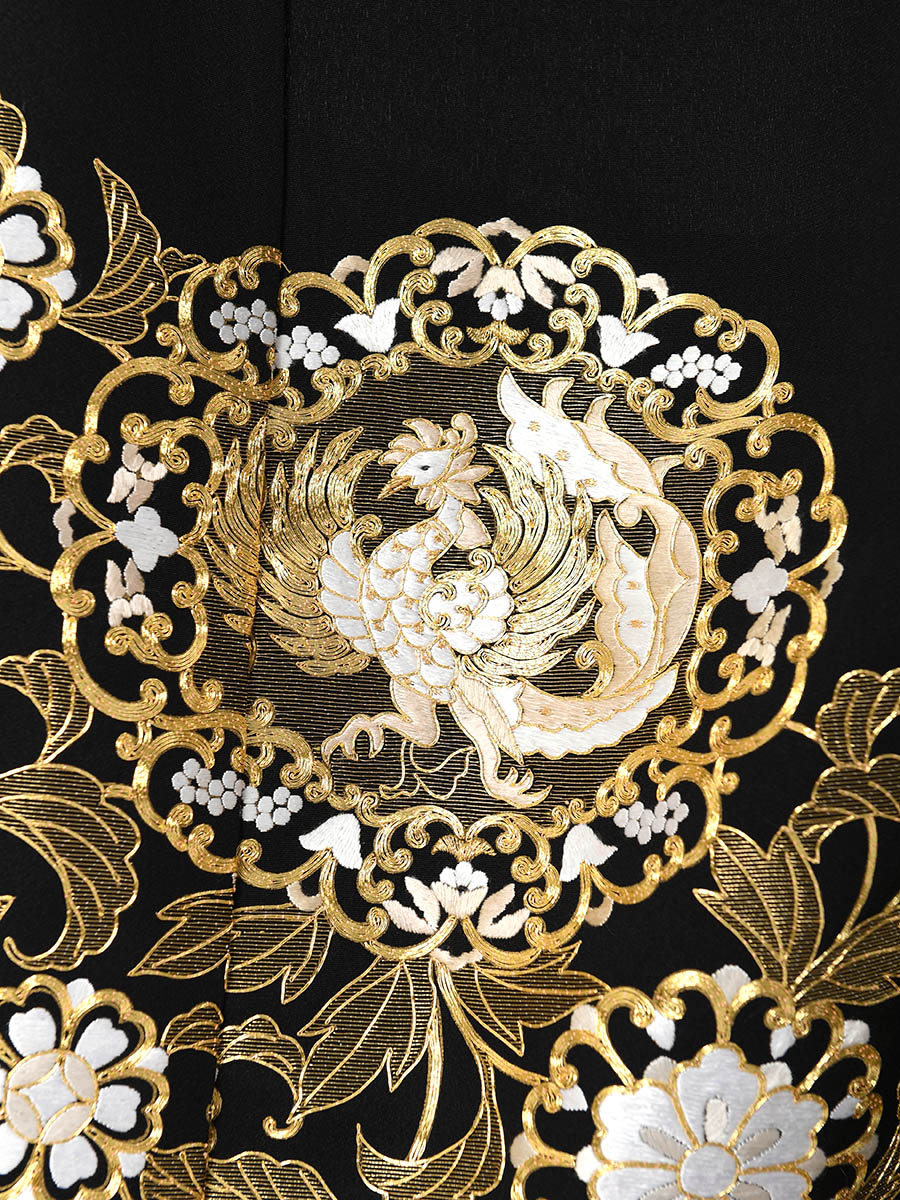 最高級総刺繍の黒留袖レンタル】鳳凰と唐草柄・LL～LOサイズ（163cm